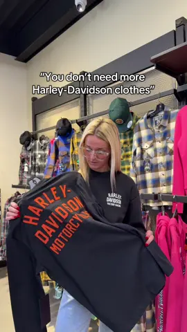 Who needs self control when Harley gear exists?😅 #HarleyDavidson #BikerLife #MotorcycleStyle #BikeObsessed #AddToCart 