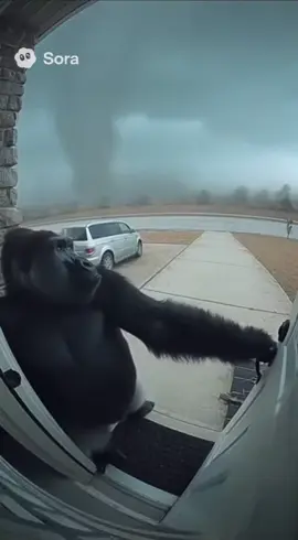 Gorila hanging on to door before getting aggressively hit by a wave of debris and gets swept away by a tornado right after all caught on camera by a doorbell camera#gorilla #ai#aoraai 