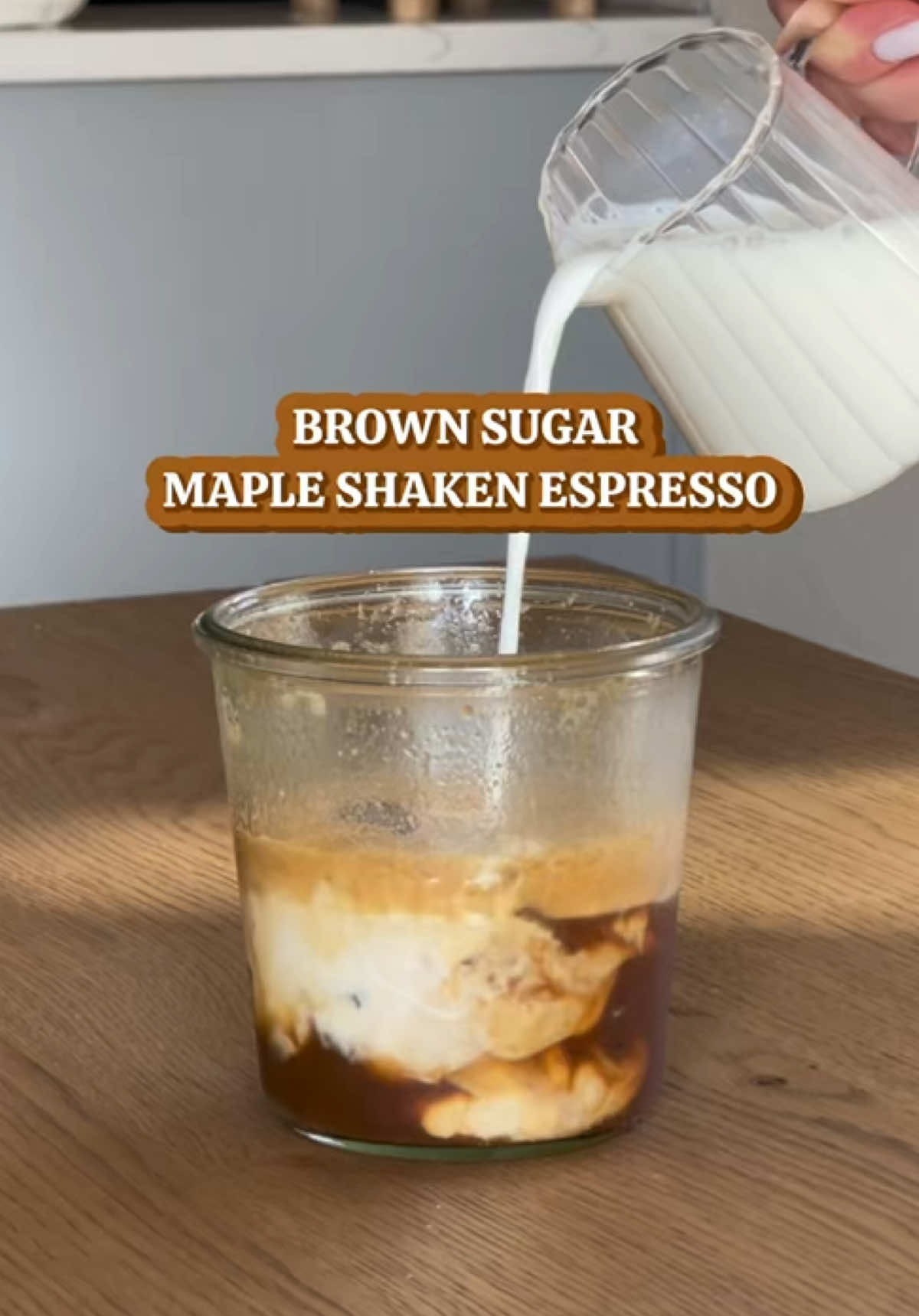 A CLASSIC - brown sugar maple shaken espresso 🤎🍂 what I used: - 1 tbsp brown sugar  - 1 tbsp trader joe’s maple butter - pour 2 shots of espresso on top - mix to combine!  - add lotsss of ice (I should’ve added more) - SHAKE until you drop.  - add milk or cream of choice Sip the Goodness ahhhh! 🤎 I loved using my @Weck Jars for this shaken espresso! Love how the lid seals tightly when you’re shaking it up and nothing spills out.  #fallcoffeedrinks #brownsugarmaple #icedcoffee #coffeerecipes #coffeeathome          