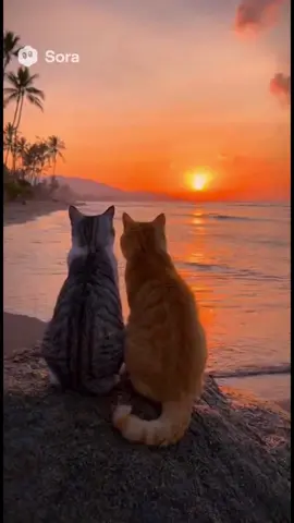 two cats sitting side by side on a beach rock, watching the sun slowly set over the ocean.