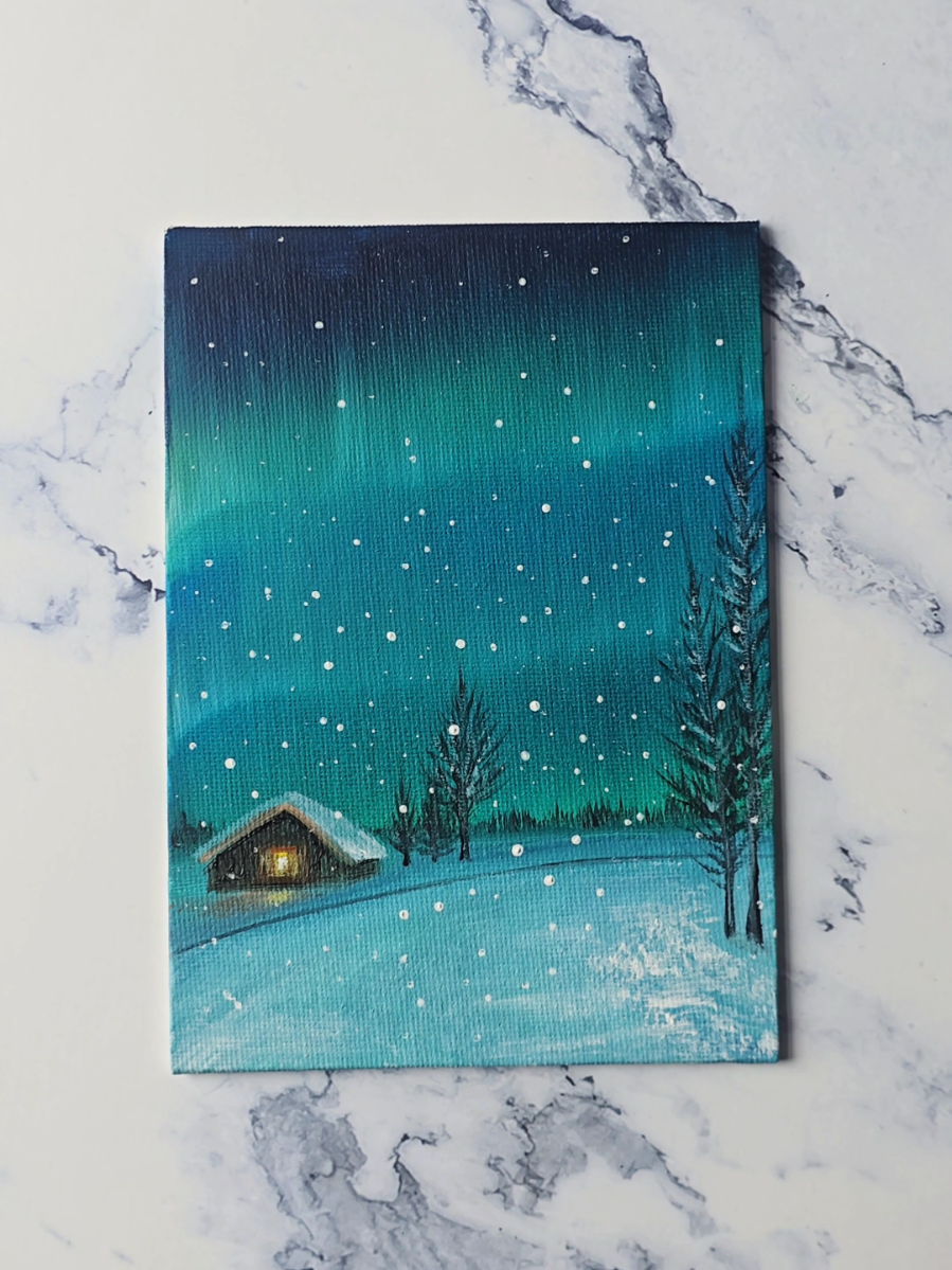 northern lights painting idea for beginners 💚❄️ acrylics on 5x7