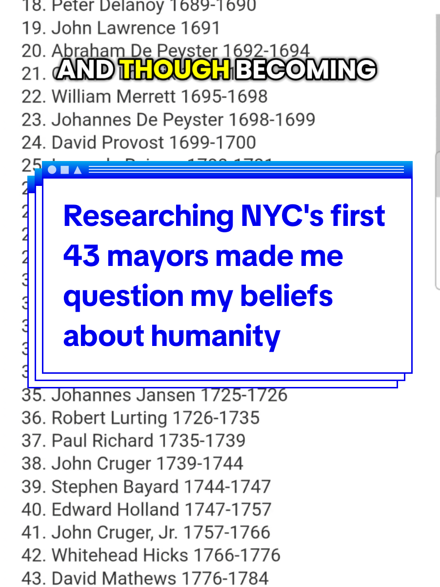 Sources/Recommended Reading: Kenneth R. Cobb, New York City's Earliest Mayors, NYC Department of Records and Information Services, November 20, 2020 Ralph J. Caliendo, New York City Mayors Part 1: The Mayors of New York Before 1898 #historytok #nyc #nycmayor 