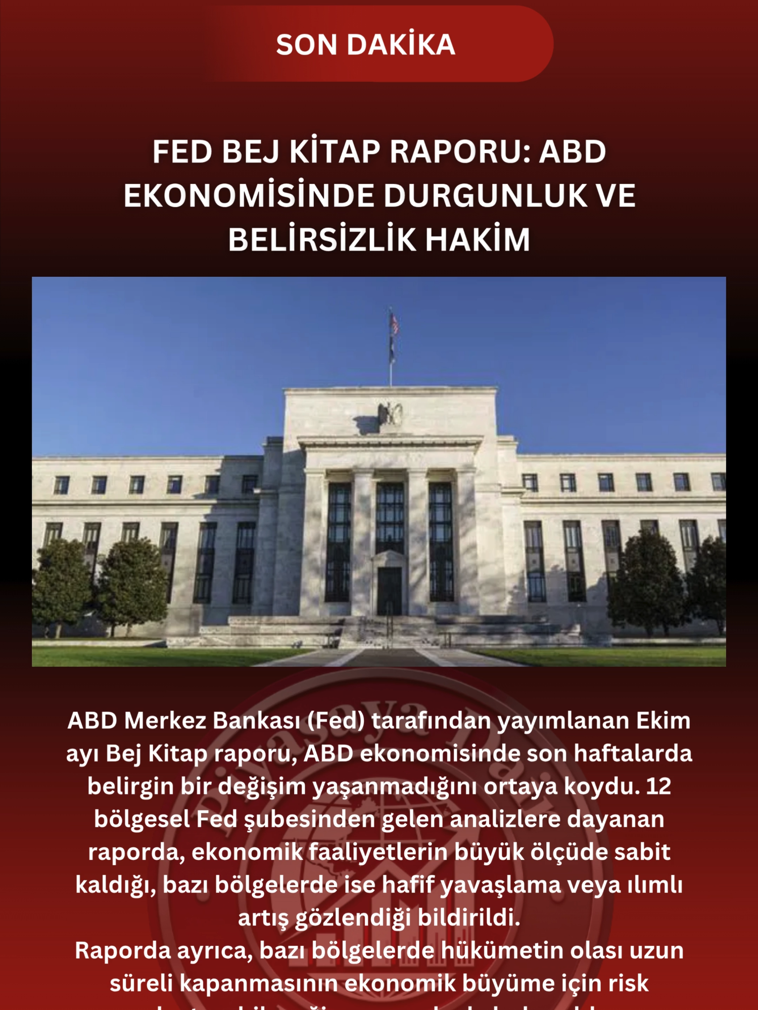 Fed Bej Kitap Raporu: ABD Ekonomisinde Durgunluk ve Belirsizlik Hakim ABD Merkez Bankası (Fed) tarafından yayımlanan Ekim ayı Bej Kitap raporu, ABD ekonomisinde son haftalarda belirgin bir değişim yaşanmadığını ortaya koydu. 12 bölgesel Fed şubesinden gelen analizlere dayanan raporda, ekonomik faaliyetlerin büyük ölçüde sabit kaldığı, bazı bölgelerde ise hafif yavaşlama veya ılımlı artış gözlendiği bildirildi. Öne çıkan detaylara göre: Tüketici harcamaları, özellikle perakende sektöründe, son haftalarda hafifçe geriledi. İş gücüne olan talep zayıfladı, istihdam seviyeleri ise büyük ölçüde sabit kaldı. İşten çıkarmalar artarken bunun nedenleri arasında zayıf talep, ekonomik belirsizlik ve yapay zekâ yatırımları öne çıktı. Fiyat artışları devam ediyor. Özellikle sağlık, teknoloji ve sigorta gibi hizmet sektörlerinde maliyetlerin yükseldiği vurgulandı. Tarifeler nedeniyle artan ithalat maliyetleri, bazı firmalar tarafından doğrudan fiyatlara yansıtılırken, bazıları pazar payını korumak adına fiyatlarını sabit tutmayı tercih etti. Raporda ayrıca, bazı bölgelerde hükümetin olası uzun süreli kapanmasının ekonomik büyüme için risk oluşturabileceği uyarısında da bulunuldu. Sonuç olarak Fed’in raporu, ekonomideki belirsizliğin sürdüğünü, işletmelerin temkinli davranmaya devam ettiğini ve gelecek dönemde farklı senaryoların söz konusu olabileceğini işaret ediyor. #FedRaporu #BejKitap #ABDekonomisi #EkonomikBelirsizlik #PiyasaAnalizi #FinansGündemi #İstihdamVerileri #TüketiciDavranışları #FiyatArtışı #MakroEkonomi #PiyasayaDairHerSey #PiyasayaDairHerŞey
