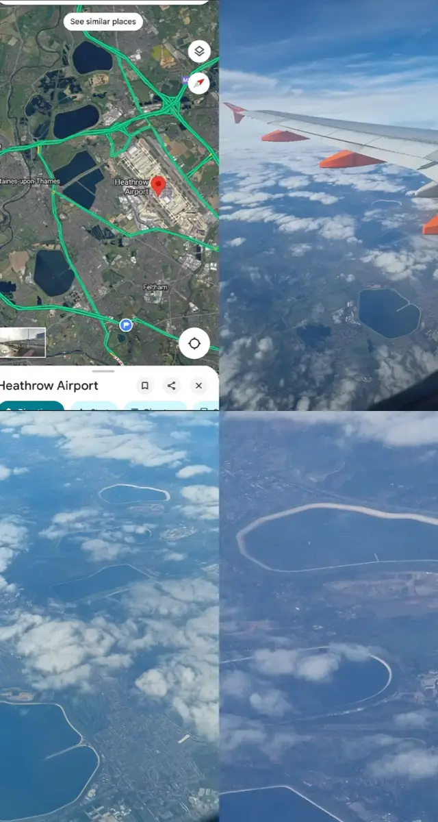 view of the reservoirs close to Heathrow Airport 🛫  pictures taken inside easyjet flight inbound from portugal 🇵🇹 