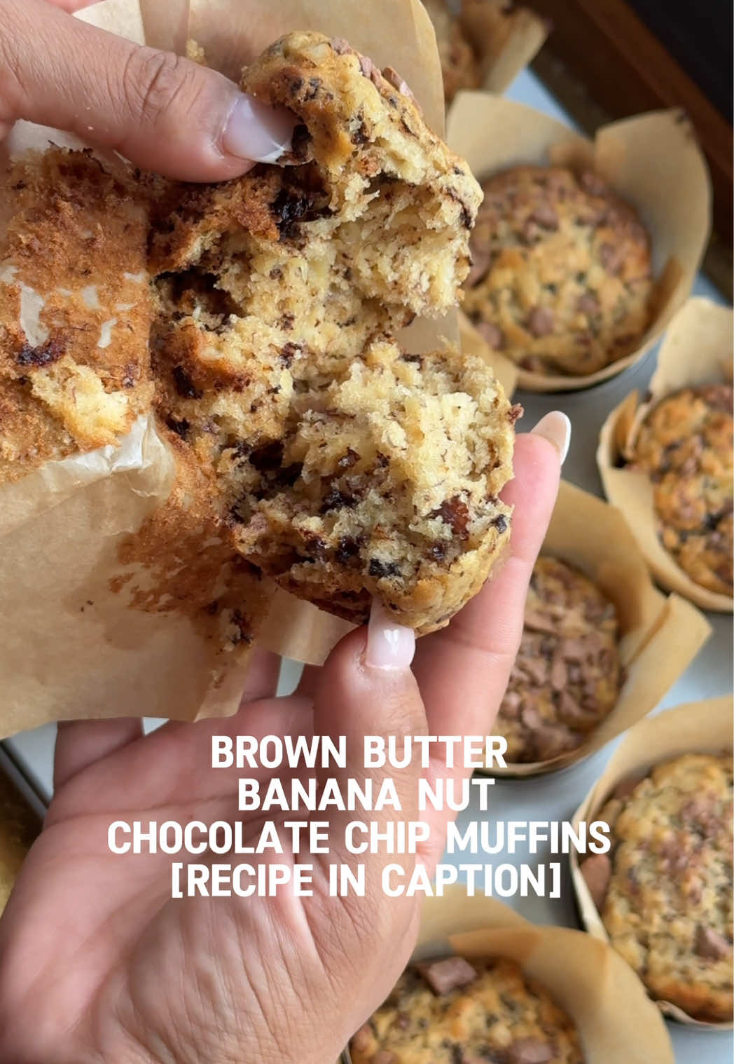 used @Mallory Harr recipe and these were the best fuel for our walk 🏃🏽‍♀️ * 1/2 cup unsalted butter * 1 cup brown sugar (I did 3/4 because I like things less sweet)  * 3 mashed overripe bananas (I had 4 small bananas so I used all of them)  * 1 egg * 1/3 cup milk * 1/3 cup sour cream * 1 teaspoon vanilla extract * 2 cups flour * 1 teaspoon baking soda * 1/4 teaspoon salt * 1 cup semi-sweet chocolate chips * i skipped the mini choc chips and added walnuts!  #bananabread #bananamuffins #overripebananas #falldessert #fallrecipe