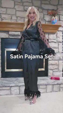 Satin Pajama Set 💕Mesh Sleeves& Feather Trim 💕 Shop this look on my Amazon Storefront 💕 Link in Profile 💕  #amazonmusthaves #pajamaset #pajamaparty #satinpajamas 