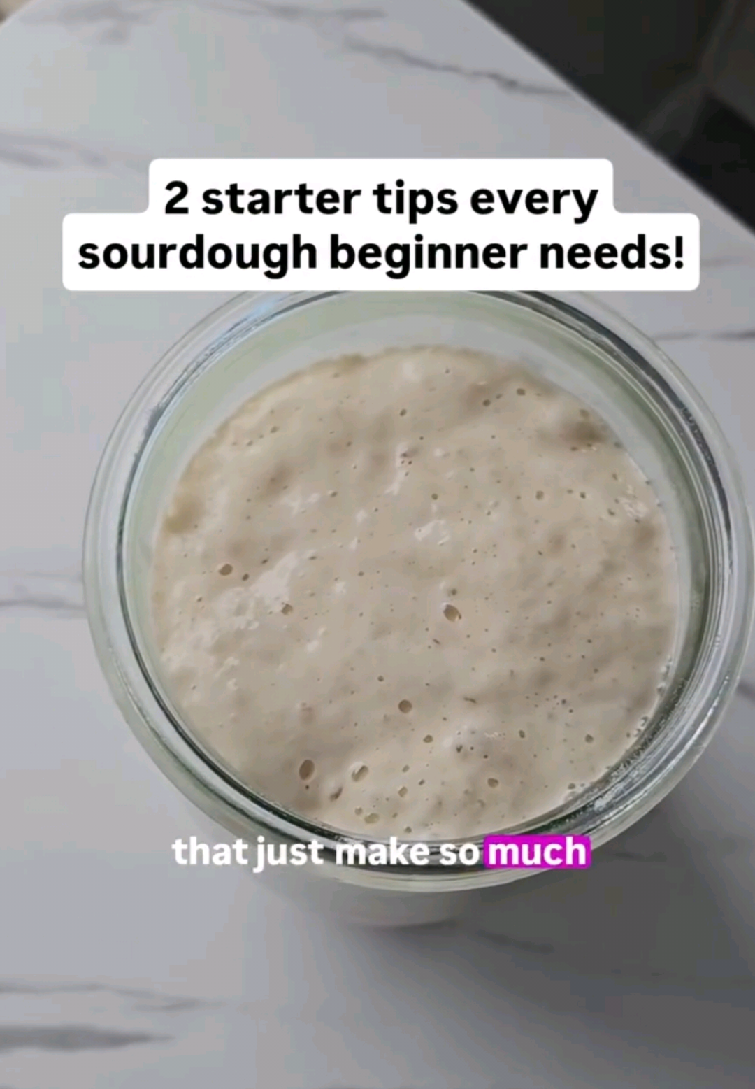 Sometimes, these super simple tips make you go - how did I not know this... Weighing your jar just makes so much sense when you have leftover starter and want to have a general idea of how much you have to refeed, without having to then transfer it to a new jar. Just mark the weight of your empty jar on a post-it in your cupboard, or in your notes app on your phone and then when you want to use this trick, put your jar of starter on your scale and subtract the weight of your empty jar. 🙌🏻 You'll know exactly how much starter you have on hand. I'm at the point where I can often eyeball feed, but when I want a more exact number of starter and feeding ratio, I like being more accurate.  And then there's times when you use up more starter than you plan to and think you've used it all. I remember a friend of mine messaging me saying she used all her starter, when in reality you can build up the smallest amount of starter with jar scrapings. It just might take longer to peak as you are starting with such a small amount and usually feeding it a higher ratio. In this video, I had 4g of starter and fed it about 100g flour/water (a bit more flour than water to make it thicker). At a 1:25:25 ratio, this is going to take probably 18 hours to peak (based on my starter and kitchen temps). So you just need to be patient and make sure you don't refeed it until it is fully peaked. Alternatively, you could feed a smaller amount so it peaks faster and then wait for it to peak, and then beef it up with another feed.  I really hope you find these tips helpful!! 😊❤️🫶🏼 please let me know if you do.  #sourdoughtips #sourdoughstarter #sourdoughera #sourdoughbread