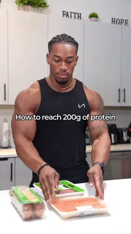 Hitting your protein goals isn't always that easy. Here is a visual guide of how to reach 200g of protein every day. These are my go-to sources for lean protein Egg Whites (I eat 2 whole eggs, 6-8 egg whites) 250g = 26g Protein Chicken Breast 226g = 60g protein Salmon 170g = 35g protein Plain Greek Yogurt 225g = 20g protein Ground Turkey 142g = 35g protein @Dymatize 30g Shake 30g Protein If you need more help with nutrition, fill out the coaching application in my bio or simply comment the word 