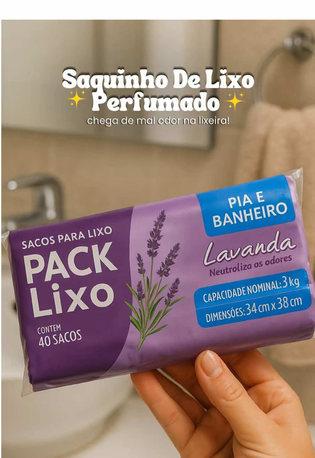 Saco de Lixo Lavanda - Neutraliza Odores - 80 unidades. 💜✨ #sacodelixoperfumado #banheirolimpo #packlixolavanda #lavanda 