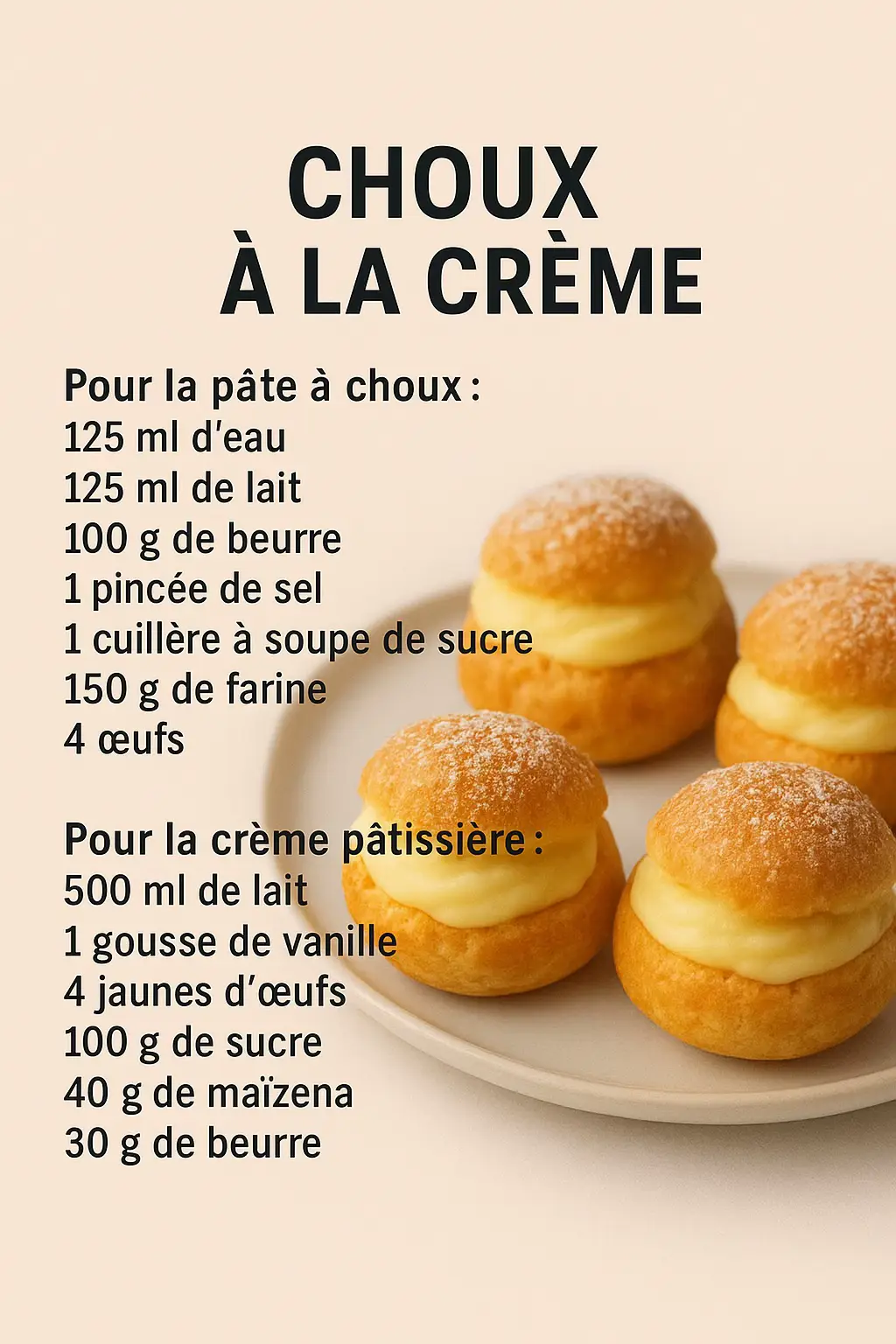 Choux à la crème Ingrédients : Pour la pâte à choux : 	•	125 ml d’eau 	•	125 ml de lait 	•	100 g de beurre 	•	1 pincée de sel 	•	1 cuillère à soupe de sucre 	•	150 g de farine 	•	4 œufs Pour la crème pâtissière : 	•	500 ml de lait 	•	1 gousse de vanille (ou 1 sachet de sucre vanillé) 	•	4 jaunes d’œufs 	•	100 g de sucre 	•	40 g de maïzena (ou farine) 	•	30 g de beurre Préparation : 1. Préparer la pâte à choux : 	•	Dans une casserole, faites chauffer l’eau, le lait, le beurre, le sucre et le sel. 	•	Quand le beurre est fondu et le mélange bout, ajoutez la farine d’un coup. 	•	Remuez vivement jusqu’à ce que la pâte se décolle des parois. 	•	Retirez du feu et laissez tiédir quelques minutes. 	•	Ajoutez les œufs un par un en mélangeant bien. 	•	À l’aide d’une poche à douille, formez des petits choux sur une plaque. 	•	Faites cuire à 180°C (four préchauffé) pendant 25 à 30 minutes jusqu’à ce qu’ils soient dorés. 2. Préparer la crème pâtissière : 	•	Faites chauffer le lait avec la vanille. 	•	Dans un bol, fouettez les jaunes d’œufs avec le sucre jusqu’à blanchissement. 	•	Ajoutez la maïzena, puis versez le lait chaud petit à petit. 	•	Remettez sur feu doux et remuez jusqu’à épaississement. 	•	Hors du feu, ajoutez le beurre et laissez refroidir. 3. Garnir les choux : 	•	Coupez les choux en deux ou percez-les dessous. 	•	Remplissez-les de crème pâtissière à l’aide d’une poche à douille. 	•	Saupoudrez de sucre glace ou nappez de chocolat si vous voulez. 💡 Astuce : Vous pouvez parfumer la crème à la vanille, au café ou au chocolat selon vos goûts !#fypppppp #fyp #tiktok 