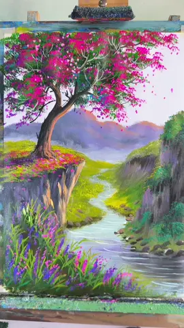 How to Paint a Cherry Blossom on high Rocky Mountain landscape painting #CanvasArt #PaintingForBeginners #ArtTutorial #AcrylicPainting #drawtree 