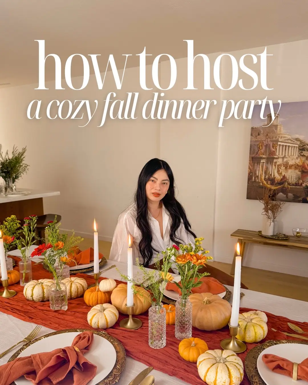 Save this for your next fall party. Welcome back to my hosting blueprint! Where I show you an easy step by step guide on how to host effortlessly 💕 🍁 The Activity:  We customized small pumpkins - the sweetest fall craft! All you need are a few dried florals, some Mod Podge, and a couple of paintbrushes to create pretty keepsake pumpkins to take home.  🍁The Menu: * Fall Salad – I love warm spiced carrots, roasted squash, arugula, goat cheese, and walnuts tossed together. * Summer Squash Pasta – Light, cozy, and absolutely delicious. * Poached Peaches – I swear I’ll make these every year! Serve with a scoop of ice cream for the dreamiest dessert. (recipe on my blog) * Charcuterie Board – Add figs, walnuts, and seasonal fruit for a cozy, autumn touch.  🍁 The Tablescape: For fall, I always gravitate toward warmer tones. I used a beautiful burnt orange runner with gold accents—it instantly felt festive. Green would be lovely too this time of year. Try layering in artificial fall foliage and warm-toned flowers to complete the look.  ✨ full vlog on my YT #dinnerparty #cozyhome #dinnerpartyideas #fallaesthetic #fall