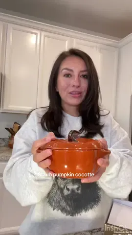 The @STAUB USA pumpkin cocotte is perfect for fall baking because it is oven safe! What a cute way to add a festive touch to you holiday dishes #fallbaking #staub #pumpkincocotte 