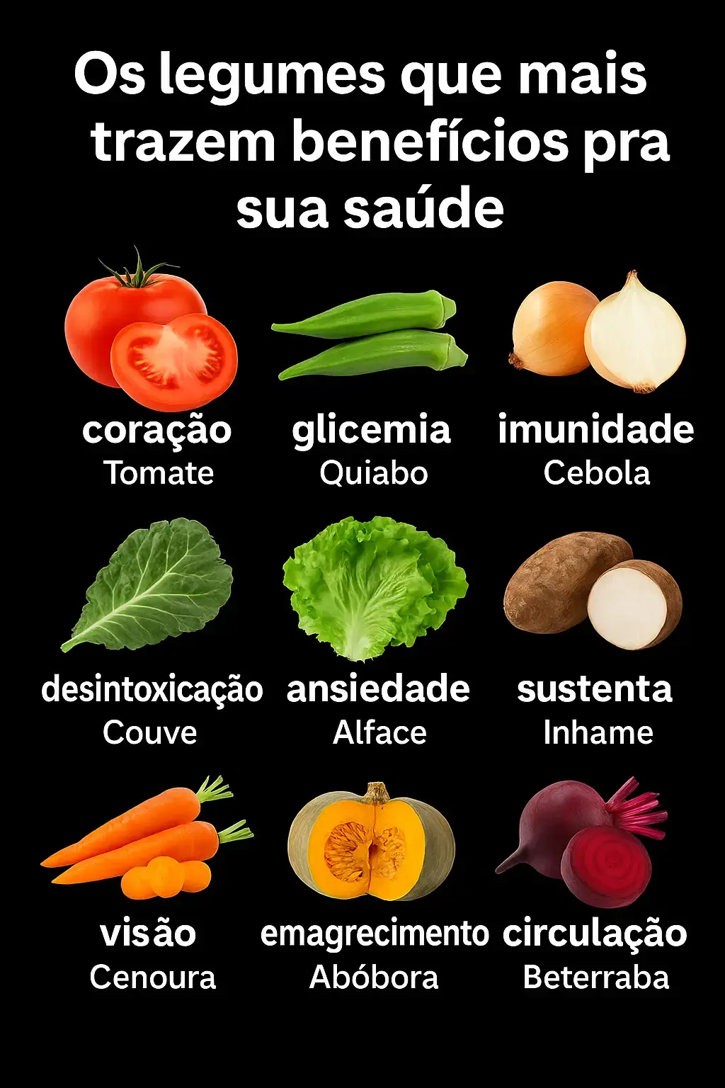 Descubra os legumes que são verdadeiros aliados da saúde! 🌿 Cada um deles traz benefícios incríveis para o corpo, ajudando na imunidade, energia e bem-estar. 🥬 💚 Cuide-se com o que vem da natureza! #Legumes #SaúdeNatural #VidaSaudável