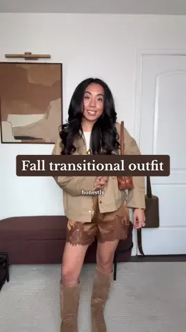 Spoiler alert: it did end up being cool enough for the warmer jacket 🫠 Full fall outfit linked on my LTK! #falltransitionoutfit #laceshorts #fallstyleinspo #fallfashiontrends 