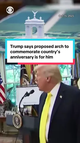 A model of President Trump's proposed triumphal arch to commemorate the country’s 250th anniversary was seen on the Resolute Desk as the president held a press conference with FBI Director Kash Patel and Attorney General Pam Bondi in the Oval Office on Wednesday. The renderings and model show an arc that looks similar to France’s Arc de Triomphe, built across from the Lincoln Memorial, on the Virginia side of the Potomac River in Washington, D.C. When asked on Wednesday who the arc is for, Trump told CBS News’ @Ed O’Keefe: “Me.” #news #dc #trump #US #arc 