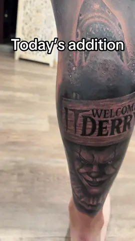 Yes I’m aware I didn’t get all of the sticky stuff off my leg I’ve been home 20 minutes @🩸ICE NINE KILLS🩸 #pennywise #it #tattoo #finelinetattoo #tattootrend 