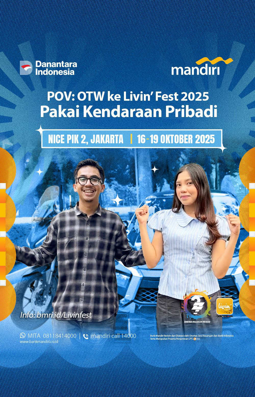 POV: Tim transportasi pribadi buat berangkat ke Livin’ Fest 2025! 🚘🏍️ Buat kamu yang bawa kendaraan pribadi, nonton video ini untuk simak rutenya ya! Jangan khawatir, tersedia parkir indoor dan outdoor! 🗺️✨ 📍 NICE PIK 2, Jakarta | 16–19 Oktober 2025 Apa pun pilihan transportasi kamu, hati-hati di jalan dan sampai jumpa di Livin’ Fest 2025! 🥰 Info lengkap: bmri.id/livinfest Bank Mandiri berizin dan diawasi oleh Otoritas Jasa Keuangan dan Bank Indonesia, serta merupakan peserta penjaminan LPS. #LivinFest #HUTMandiriSemuaHepi #Mandiri27Tahun #BankMandiri