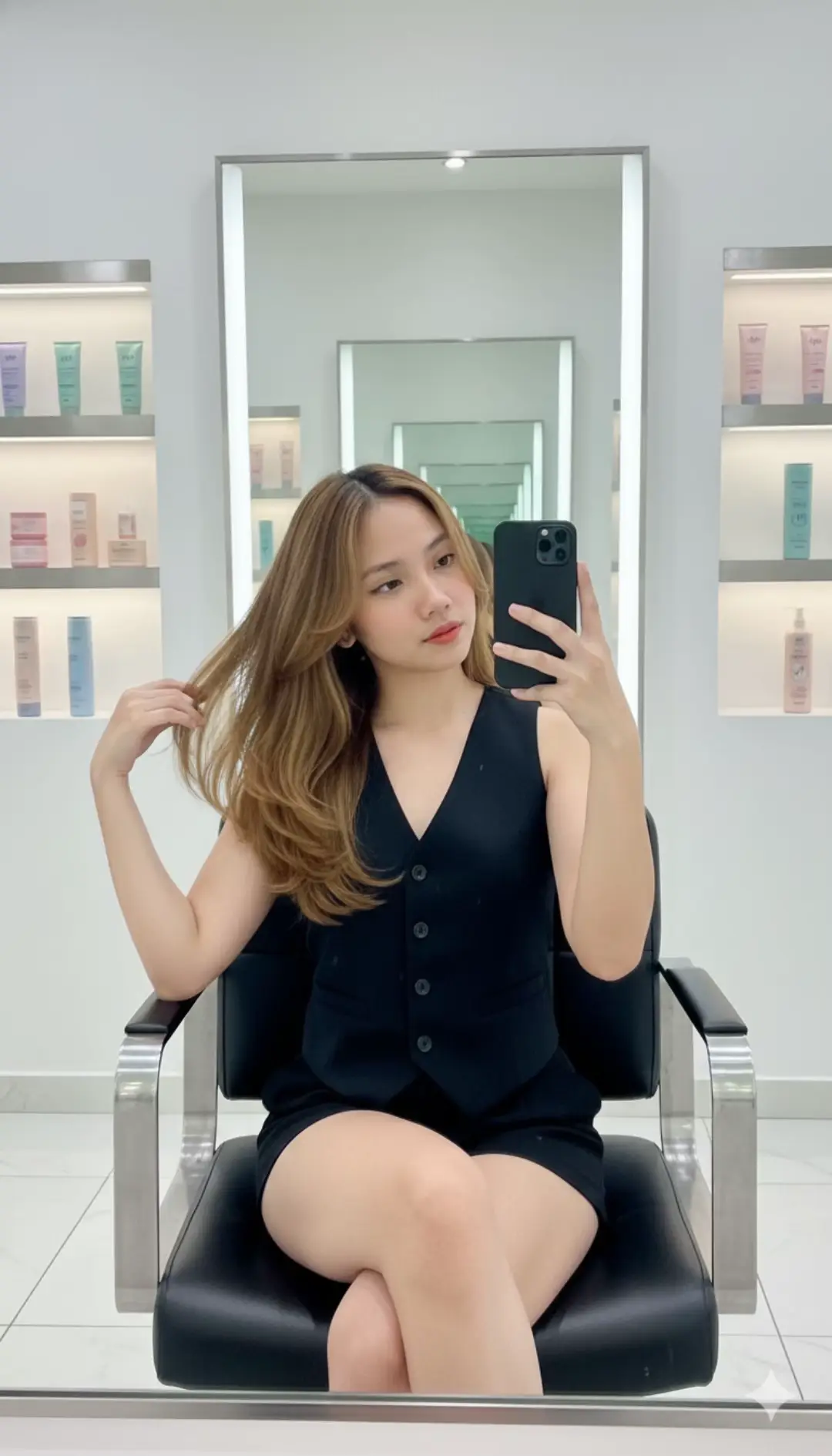 Step 1: Open Gemini Ai. Step 2: Upload your preferred photo. Step 3: Copy text/prompt.  Edit foto tersebut menjadi Foto potret seorang wanita muda berambut panjang, layer, golden brown. Ia mengenakan atasan rompi vest hitam tanpa lengan dengan kancing di depan, dipadukan dengan celana jeans biru berpotongan lebar. Wanita ini sedang duduk di kursi salon berwarna hitam, mengambil foto selfie di depan cermin besar dengan memegang ponsel di tangan kirinya, sementara tangan kanannya memegang dan sedikit merapikan rambutnya. Latar belakangnya adalah interior salon modern dan minimalis, didominasi warna putih dan silver. Terdapat rak rak dinding berisi produk kecantikan berwarna pastel dan botol botol, serta lampu sorot tersembunyi yang menerangi ruangan. Pantulan cermin menciptakan efek kedalaman dan lorong. Pencahayaan terang dan bersih, dengan fokus pada subjek. Suasana foto terkesan chic dan santai.jangan ubah muka asli dari foto tersebut #fypviralシ #fyp #foryoupage #geminiai 