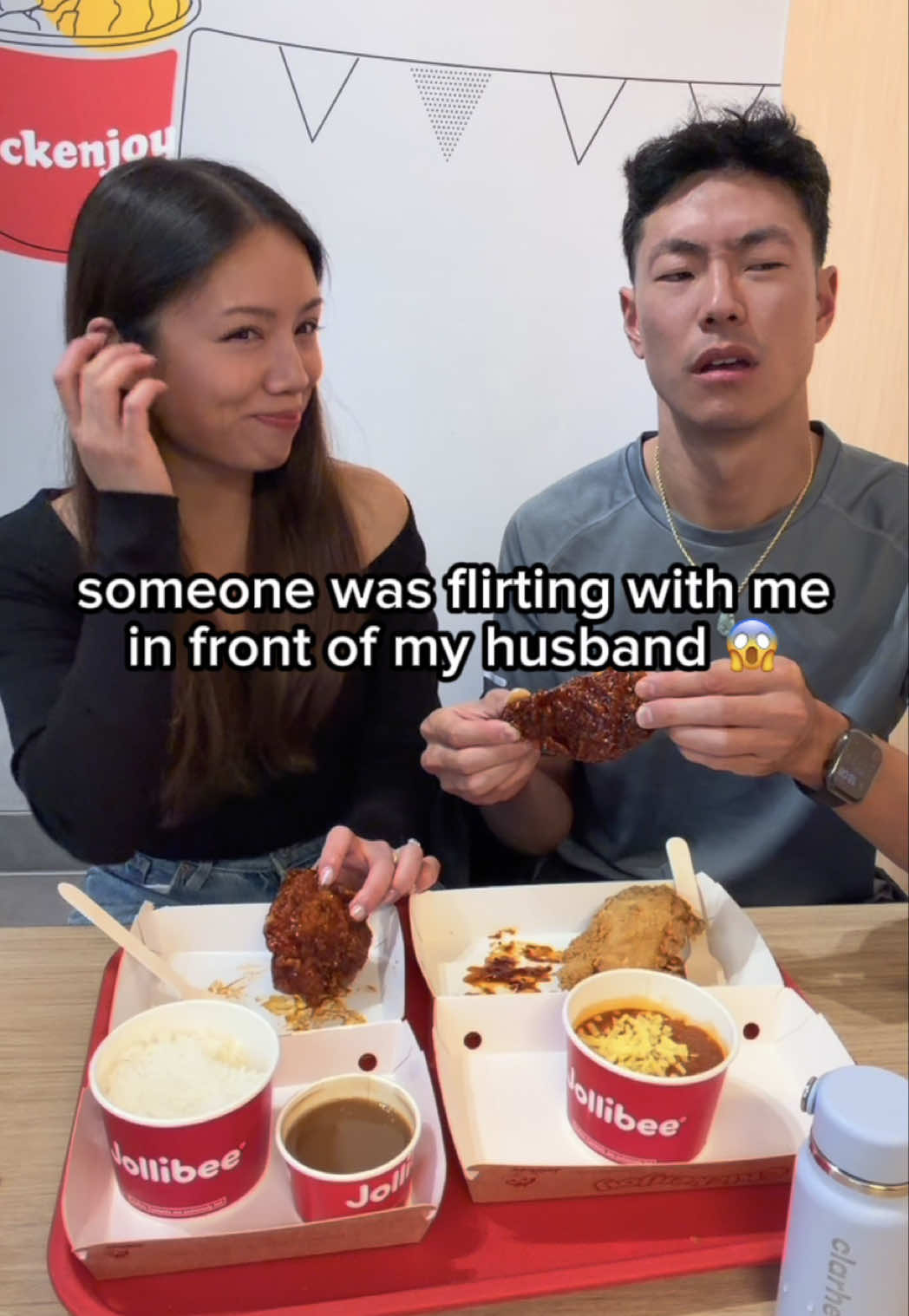 that plot twist 😭😭 this bee is for the streets!!! in other news have you tried the new Katseye KBBQ Jollibee chicken? that’s what we’re eating in this video and it’s sooo saucy! I loved it but Gary thought it was too spicy 🥵 good thing I got a backup classic chicken joy for him and his sensitive taste buds lol what would you do if someone stated flirting with your man? 😩🤣🐝 #couple #comedy #relatable #filipino #jollibee