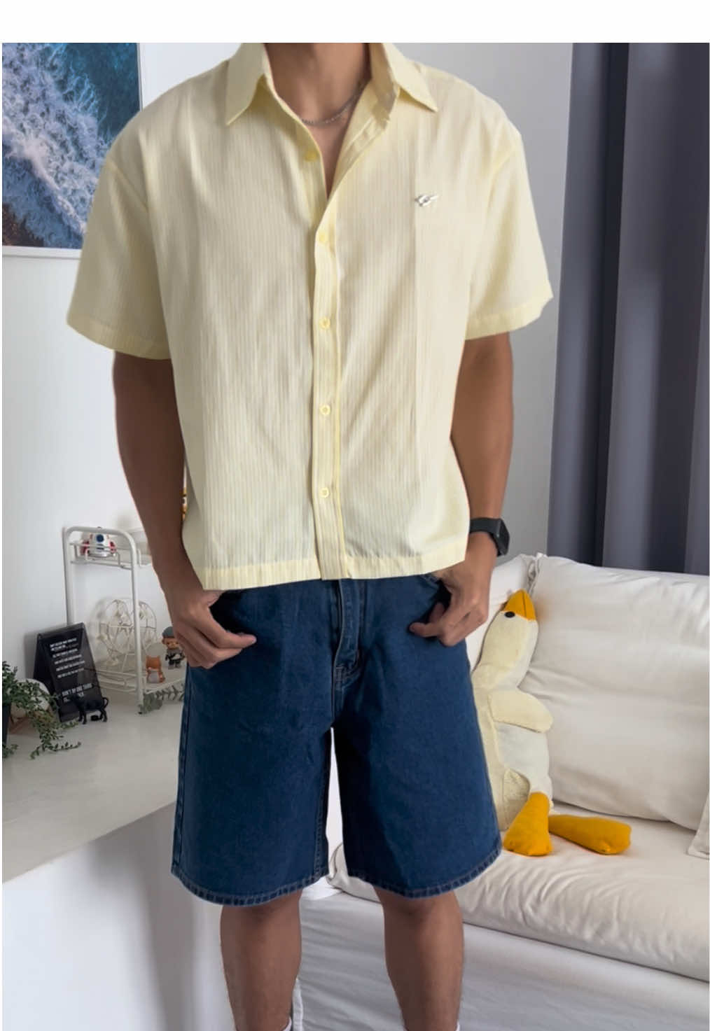 สีสวย ทรงสวย ##เสื้อเชิ้ตแขนสั้น##เสื้อเชิ้ตครอป##เสื้อเชิ้ตแขนสั้นสีเหลือง##flexecution##แต่งตัวผู้ชาย