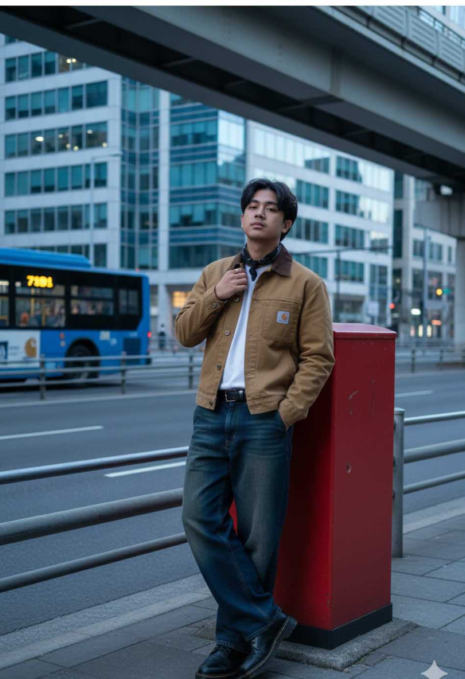 Prompt Gemini AI : Foto menggunakan wajah asli saya, buatkan gambar potret dengan konsep sebagai berikut: Subjek dan Pakaian: Potret pria muda umur 20-an dengan postur tinggi badan 175cm berat badan 66kg, bergaya busana jalanan (streetwear) berdiri menghadap ke depan di samping kotak pos perkotaan, dengan ekspresi wajah santai dan percaya diri. Terlihat rambutnya sedikit acak ke depan. Ia mengenakan jaket detroit carhartt berwarna khaki dengan dalaman kaus putih dan mengenakan bandana di leher. Memakai celana longgar berpotongan baggy atau oversized dengan warna wash biru tua yang pudar di bagian tengah. Alas kaki adalah sepatu bot kulit berwarna hitam, mungkin Dr. Martens atau sejenisnya, dengan sol tebal. Aksesoris & Postur: Menggunakan bandana berwarna hitam diikat dengan longgar di leher, Postur tubuh santai, kedua tangan dimasukkan ke dalam saku celana atau jaket. Tangan kanannya sedikit memegang bagian kerah jaket atau lehernya, kaki berdiri menyilang, badannya menyender ke kotak pos. Latar Belakang dan Suasana: Latar belakang adalah pemandangan perkotaan yang sibuk, dengan jalan raya lebar. Di sebelah kiri terlihat sebuah bus kota berwarna biru dengan angka rute 