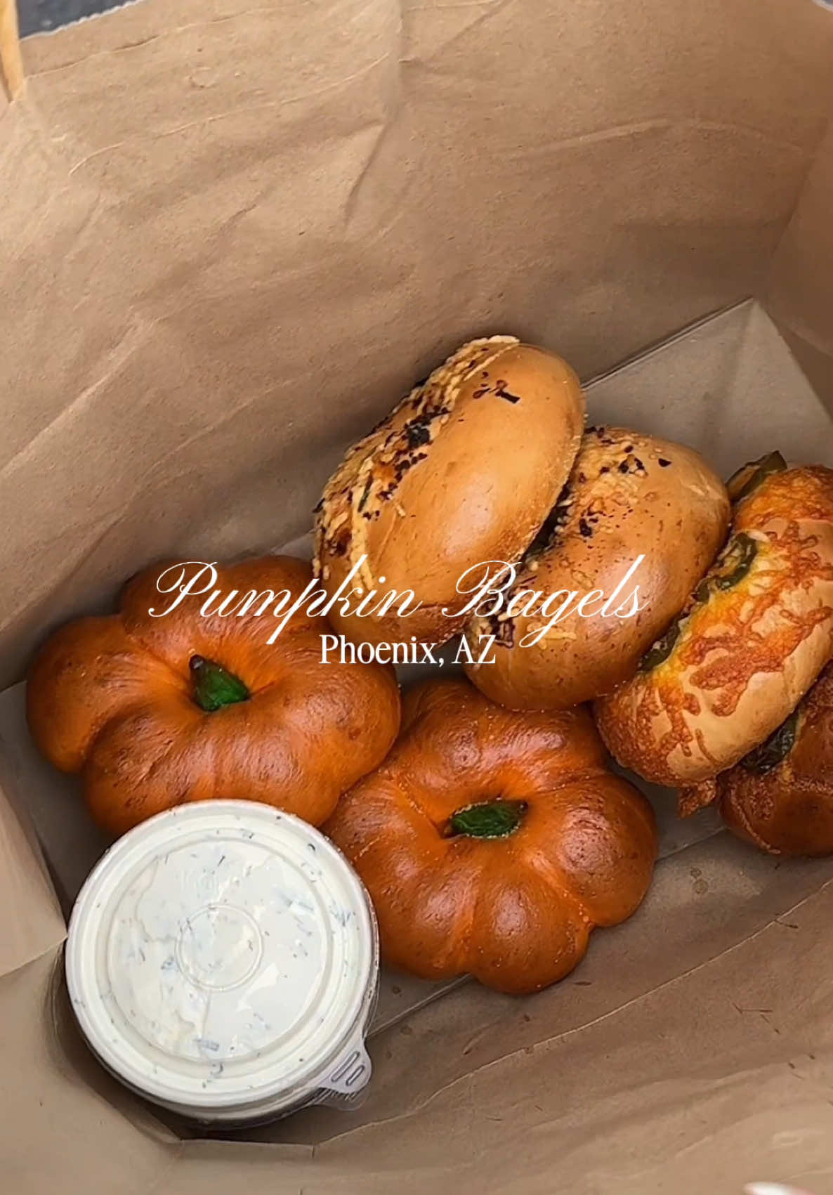 Viral pumpkin bagels in Phoenix Arizona @BAGELERO 🤍🎃🥯 #pumpkinbagels #viral #downtownphoenix #phoenixaz #viralpumpkinbagels #arizona #farmersmarket #azbagels #bagels 