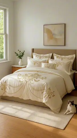 3-Piece Gold Feather Embroider bedding set #bedding #beddingsets #bedroomdecor #homedecor #decor 