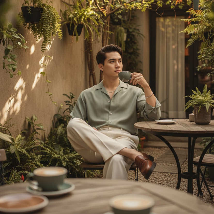 Gemini Prompt Cafe Aesthetic ⬇️ Using the uploaded photo, create a cinematic and hyper-realistic portrait of a young man seated alone in an outdoor café setting, surrounded by lush greenery and warm, soft light. The image captures a quiet, introspective moment — calm, stylish, and effortlessly cinematic. Background: The scene takes place in a cozy garden café filled with potted plants, dappled sunlight filtering through tree branches, and soft shadows dancing across the textured walls. The background includes small café details like a hanging curtain, rustic furniture, and muted signage, evoking a timeless, intimate atmosphere. Lighting: Natural golden-hour sunlight with subtle backlighting from the open sky, casting a warm glow on the subject’s skin. Soft fill light from a nearby wall creates even tone balance, while gentle highlights on the coffee cup and table surface enhance realism. Ambient reflections from the greenery introduce organic color tones — green, amber, and cream. Style: Cinematic and hyper-realistic editorial portrait. The color palette combines warm neutrals and soft greens for a nostalgic tone. The composition feels intimate and natural — like a still from an independent film. Subtle motion blur and light grain may be added to enhance authenticity and mood. #ai #gemini #geminiprompt #linenshirtoutfit #geminiaiprompt 