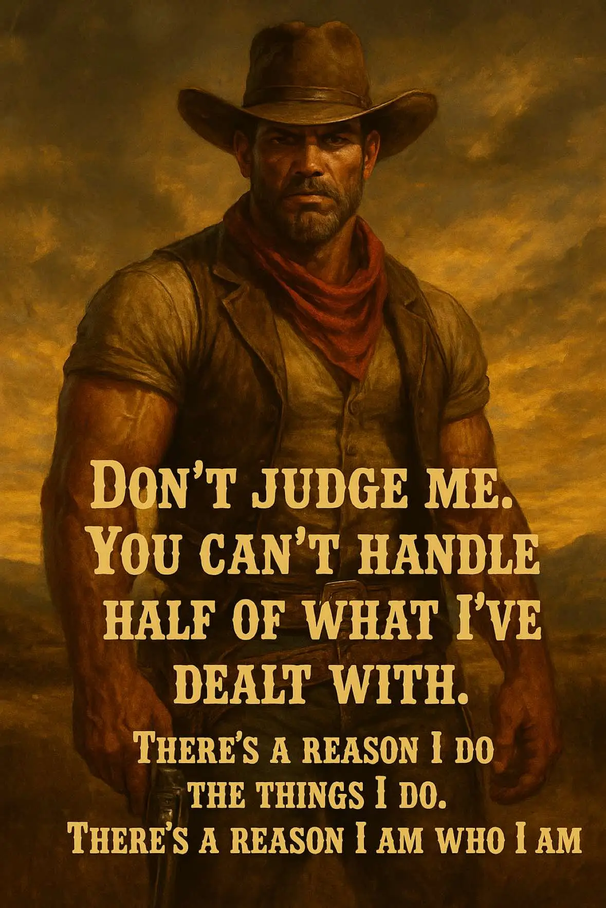 This AESTHYOS-themed artwork reimagines the quote, “Don’t judge me. You can’t handle half of what I’ve dealt with. There’s a reason I do the things I do. There’s a reason I am who I am.” through the lens of a muscular cowboy standing tall in a blazing Western sunset. It symbolizes resilience, hardship, and unspoken strength — the kind forged through struggle and solitude. The golden light against the rugged terrain reflects inner fire and defiance, capturing the AESTHYOS essence: strength through pain, purpose through scars. #aesthyos #aesthyosmindset #aesthyoslegacy #cowboyspirit #resilience #strength #motivation #discipline #stoicmindset #grit #mentalstrength #warriorwithin #inspiration #aesthetics #blackandgold #power #mindset #endurance #neverjudge #aesthyoswarrior #legacy