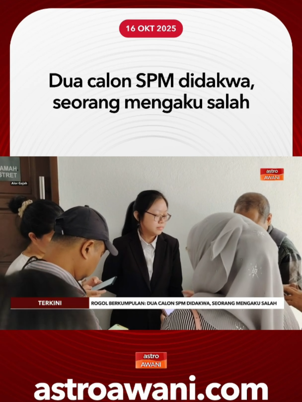 Dua daripada empat pelajar lelaki yang didakwa terlibat kes merogol pelajar Tingkatan Tiga dan turut merakam dalam kelas akan dituduh di Mahkamah Alor Gajah pada pagi Khamis. Difahamkan pada pagi ini hanya dua suspek berusia 17 tahun dan merupakan calon Sijil Pelajaran Malaysia (SPM) akan dibawa ke mahkamah bagi pertuduhan itu. #AWANInews