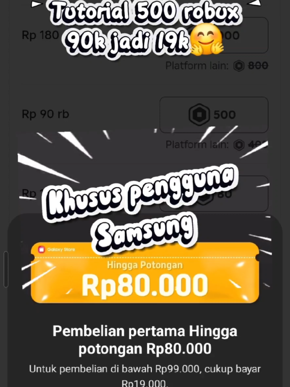 Uhhh kapan lagi 500 robux 90k jadi 19k, cobainn guys diskonnya 🤗🌟 bagi pengguna SAMSUNG 🌟💫 #robloxfyp #robux #samsunggalaxy 