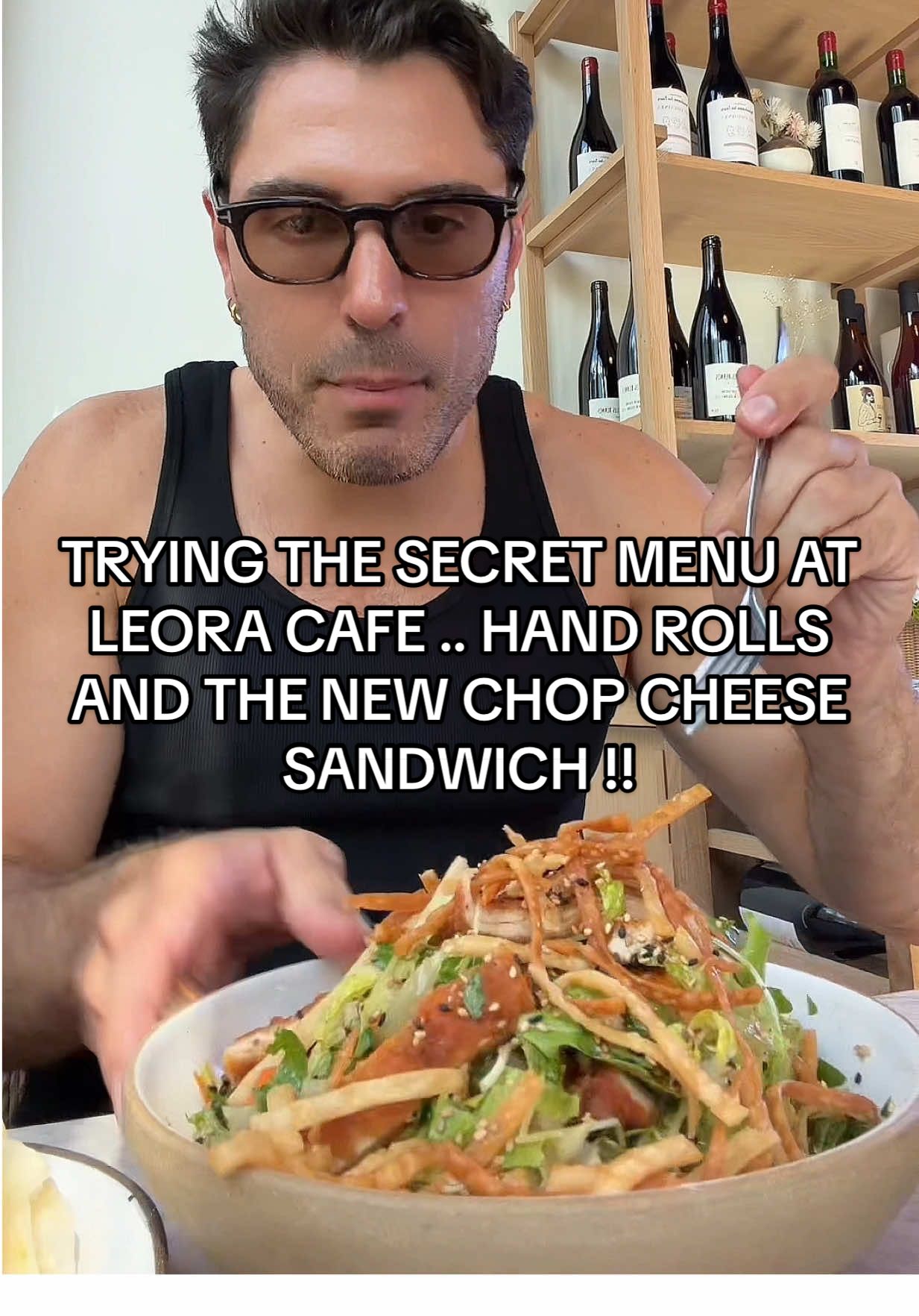 Trying everything I haven’t tried from Leora Cafe, one of my favorite spots in LA .. and my new favorite item was a surprise at the end and it might have changed my life? I ordered the below:  - frozen coffee half sweet  - chicken chorizo hummus - falafel balls - sesame chicken salad  - chopped cheese sandwich 