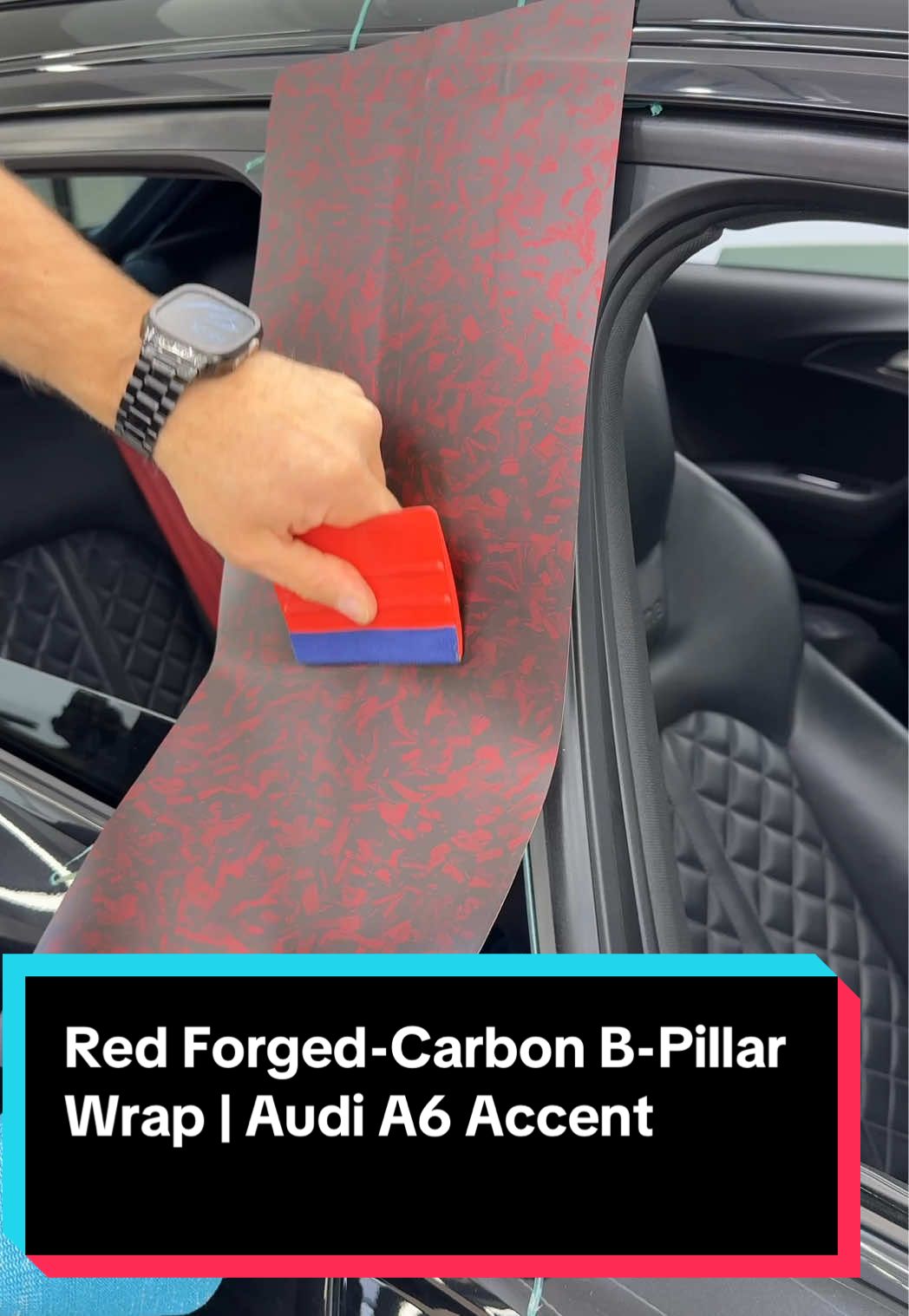 Red Forged-Carbon B-Pillar Wrap | Audi A6 Accent In this tutorial, we show how to wrap the B-pillar of a black Audi A6 with red forged-carbon vinyl, turning a vertical trim into a bold accent. We use a safe, precise approach using knifeless tape, ensuring clean cuts and zero damage to the paint. 📋 Step‑by‑step process: 🧼 Clean the B-pillar surface and surrounding areas thoroughly 📏 Measure and cut the red forged-carbon vinyl to match pillar height 🧷 Use a special cut-n-knifeless tape inside the door slot for middle-line cuts 🪄 Use regular knifeless tape to define pillar edges for contour cuts 🧽 Clean again near the edges to remove dust 🖤 Apply the vinyl over the pillar, aligning it to the taped boundaries ✂️ Pull the knifeless tape lines to cut the vinyl cleanly 🔥 Use a heat gun to finalize adhesion, conform curves, and smooth the surface 🌟 Why this works: • Adds a standout red-carbon accent to contrast with black paint • Safe method with no risk of cutting into paint • Fully reversible — you can remove or change the wrap • No advanced tools or skills needed • Lets you personalize small elements with big visual impact #Wrapping #VinylWrap #AudiA6 #BpillarWrap #RedCarbon    