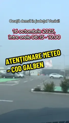 Ceață densă în județul Vaslui! ⚠️ Vizibilitate redusă local sub 200 m, iar pe alocuri chiar sub 50 m! 📍 Zone vizate: Bârlad, Vaslui, Zorleni, Banca, Zăpodeni, Lipovăț, Roșiești, Muntenii de Jos, Muntenii de Sus, Tutova, Perieni, Laza, Albești, Grivița, Costești, Ștefan cel Mare, Bogdănești, Pogana, Oltenești, Ivești, Pușcași, Deleni, Băcani, Viișoara, Pochidia, Pogonești, Bălteni, Alexandru Vlahuță, Ibănești, Bogdănița, Ciocani. #Vaslui #MeteoVaslui #CodGalben #Ceață #AtenționareMeteo    