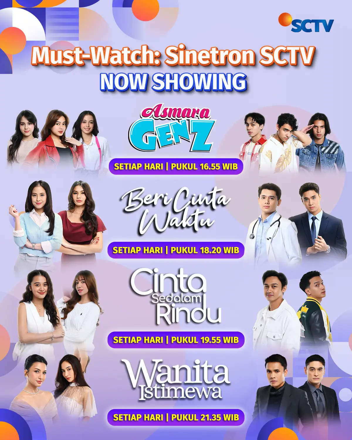 Sore sampai malam, drama terbaik hadir buat kamu! Apa sinetron favorit kamu Fevers? 🤩 #SCTVSinetron #AsmaraGenZ #BeriCintaWaktu #CintaSedalamRindu #WanitaIstimewa