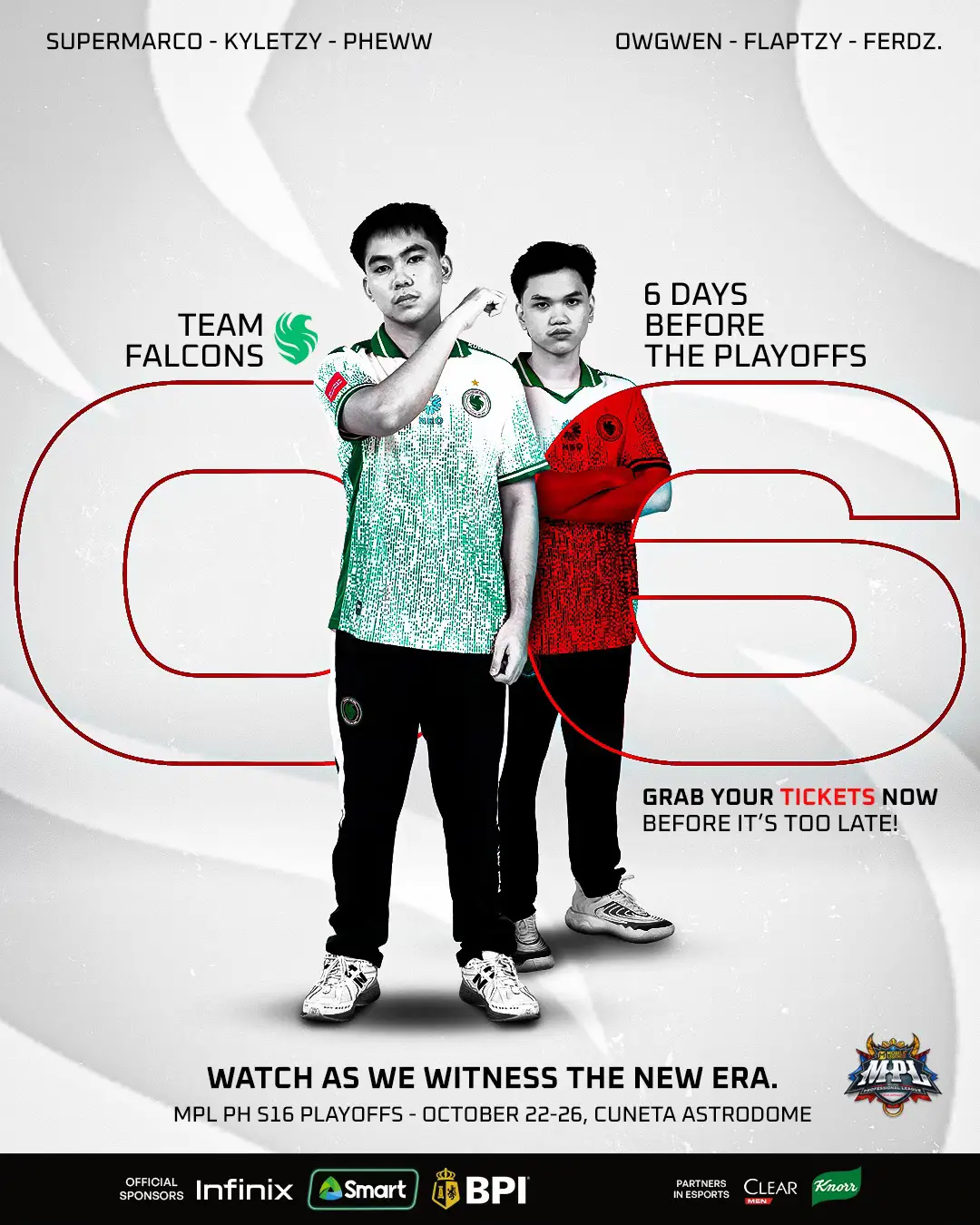 6 DAYS TO GO ‘TIL THE PLAYOFFS! The countdown is on — history is about to unfold at the MPL PH Season 16 Playoffs! 🔥 Be part of the crowd, feel the energy, and witness the new era of MPL Philippines LIVE! 🎟️ Grab your tickets now before it’s too late! 📅 October 22–26 | Cuneta Astrodome #MPLPH #MPLPhilippines #MobileLegendsBangBang #EsportsPH #MPLPHSeason16 