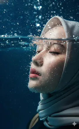 EDIT FOTO GEMINI GERAK  Edit foto yg di upoad hiper realistik 100% menggunakan wajah yg diunggah tanpa merubah detail apapun,Potret close-up dari profil kanan seorang wanita muda cantik (foto terlampir) yang berada sebagian di atas dan sebagian di bawah permukaan udara. Wajahnya sedikit mendongak ke atas, dengan hidung dan sebagian bibir atasnya tampak menonjol ke permukaan, sementara mata dan dahi sebagian besar berada di bawah permukaan udara atau sangat dekat dengannya. Mata wanita tersebut terlihat tertutup atau setengah terpejam, menciptakan ekspresi tenang dan damai. Seluruh area wajah yang terlihat, terutama di atas dan di sekitar hidung serta bibir, tertutup oleh tetesan-tetesan udara yang berkilauan dan bubble-gelembung udara kecil yang menempel erat pada kulit, memberikan tekstur basah yang realistis. Beberapa gelembung juga terlihat melayang di udara di sekitar wajah. Di atas permukaan udara, terlihat percikan-percikan udara kecil dan ribuan gelembung udara mikro yang tersebar di udara dan udara, menciptakan efek berkilau dan dinamis. Latar belakang udara di atas permukaan berwarna biru tua hingga kebiruan gelap, dengan pantulan cahaya yang menyerupai titik-titik terang bokeh dari sumber cahaya di atas. Di bawah permukaan, udara tampak lebih gelap dan dalam. Pencahayaan dramatis menyoroti fitur wajah wanita dan efek kilauan udara. Rona kulit alami yang hangat dan lembut tampak jelas di bawah lapisan air dan gelembung. Bibir wanita tersebut, dengan warna merah muda alami, sedikit terbuka. Komposisi ini menangkap momen yang tenang namun penuh tekstur, mengkomunikasikan perasaan tenggelam atau muncul dari udara.
