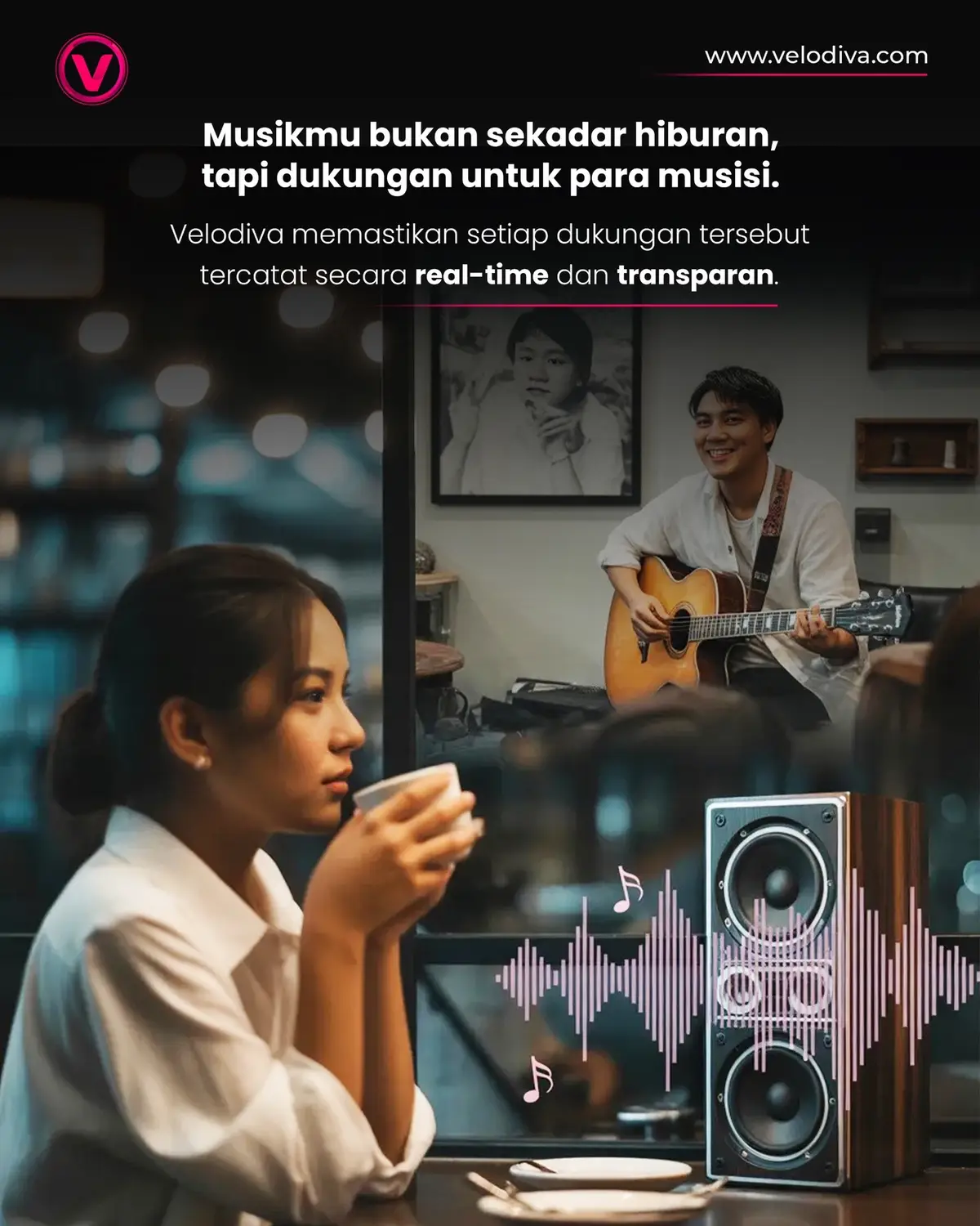 Untuk ekosistem musik Indonesia yang berkeadilan dan berkelanjutan, saatnya bisnismu beralih ke Velodiva 🤝🏻 Velodiva — platform pemutar musik digital khusus untuk bisnis dan komersial PERTAMA DI INDONESIA 🎶🇮🇩 #Velodiva #SaatnyaBeralihKeVelodiva #MusikLegalUntukBisnis #BayarRoyalti #RoyaltiMusik 