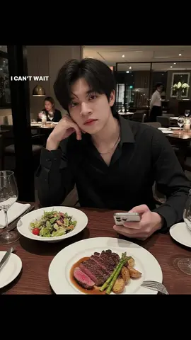 PROMPT GEMINI 📷: A hyper-realistic photo of a young man (face and hairstyle 100% identical to the uploaded reference image) sitting in front of a dining table in a Western restaurant. He is wearing a neat, formal black dress shirt and a silver necklace, exuding a stylish and composed aura. One hand rests naturally on the table, while the other hand holds an iPhone 17 Pro Max with the screen turned on — the phone’s light gently reflects on his face. He looks directly toward the camera with a calm and confident expression. On the table are Western dishes such as salad and beef steak, neatly presented. Lighting: the surroundings are slightly dim, filled with warm ambient tones that create a cozy, elegant atmosphere. Captured at a slightly tilted angle, giving a cinematic, natural perspective.                        #prompt #gemini #fyp #viral #xybca 