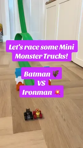 Did you know you can race mini monster trucks on our FlexiTracks! Batman vs Ironman, let’s gooooo 🏁 #monstertrucks #monsterjam #batman #ironman #marvel @Marvel Entertainment