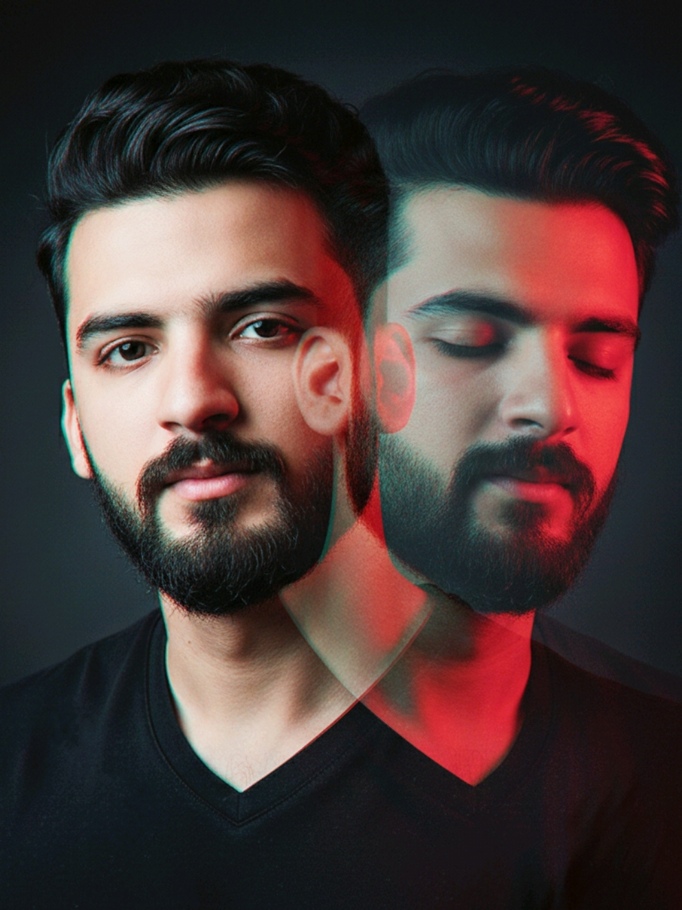 Google Gemini Ai Editing Prompt 👇🏻  Follow for more ! make A surreal double exposure portrait of me, use the uploaded image for face identity, He wears an   texture black v neck t- shirt. The image features a dual-color glitch effect using vibrant cyan and red overlays, creating a ghost-like layered motion blur of two expressions -one facing forward with a neutral face, the other with eyes closed and a soft, emotional expression. The background is dark and minimal, enhancing the glowing red-blue 3D glitch aesthetic. Moody lighting with high contrast shadows, stylized in a modern digital art photography style. Ratio 9:16 portrait, focused composition. #fyp #fypシ゚ #viral #chatgptprompts #googlegemini 