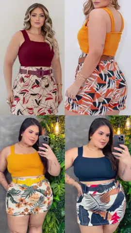 Conjunto Feminino Blusa Cropped + Short Saia com Cinto Plus Size   Por R$56,94🤩 Link nos comentários!! #conjunto #sais #top #plussizefashion 