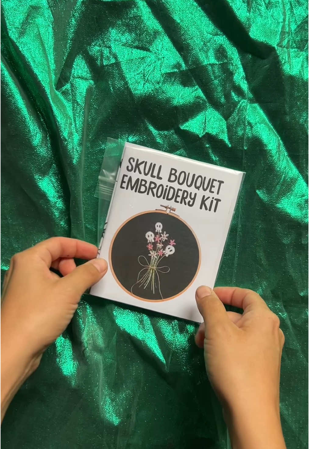Let's explore what's inside our Skull Bouquet Embroidery Kit! 💀💐⁠ ⁠ 🧵 Hand embroider a cute and spooky bouquet with this intermediate embroidery project! This kit comes with an embroidery needle, fabric, thread, felt, twine, instructions, pattern and of course A BUNCH OF FUN! These little kits are simple and rewarding. 🧵⁠ ⁠ 💥 This kit does not include an embroidery hoop, it is recommended to use a size 8