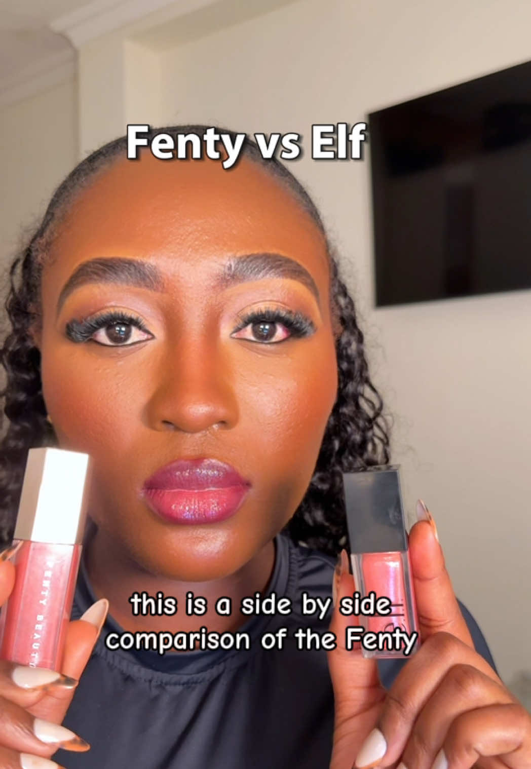 This is a side by side comparison of the Fenty gloss bomb and the Elf cosmetics glow reviver lip oil. @Fenty Beauty @e.l.f. Cosmetics UK  Products used: Fenty fussy gloss bomb Elf cosmetics glow reviver lip oil in princess cut #lipgloss #highendvsdrugstore #elfcosmeticsuk #fentyglossbomb #makeup 