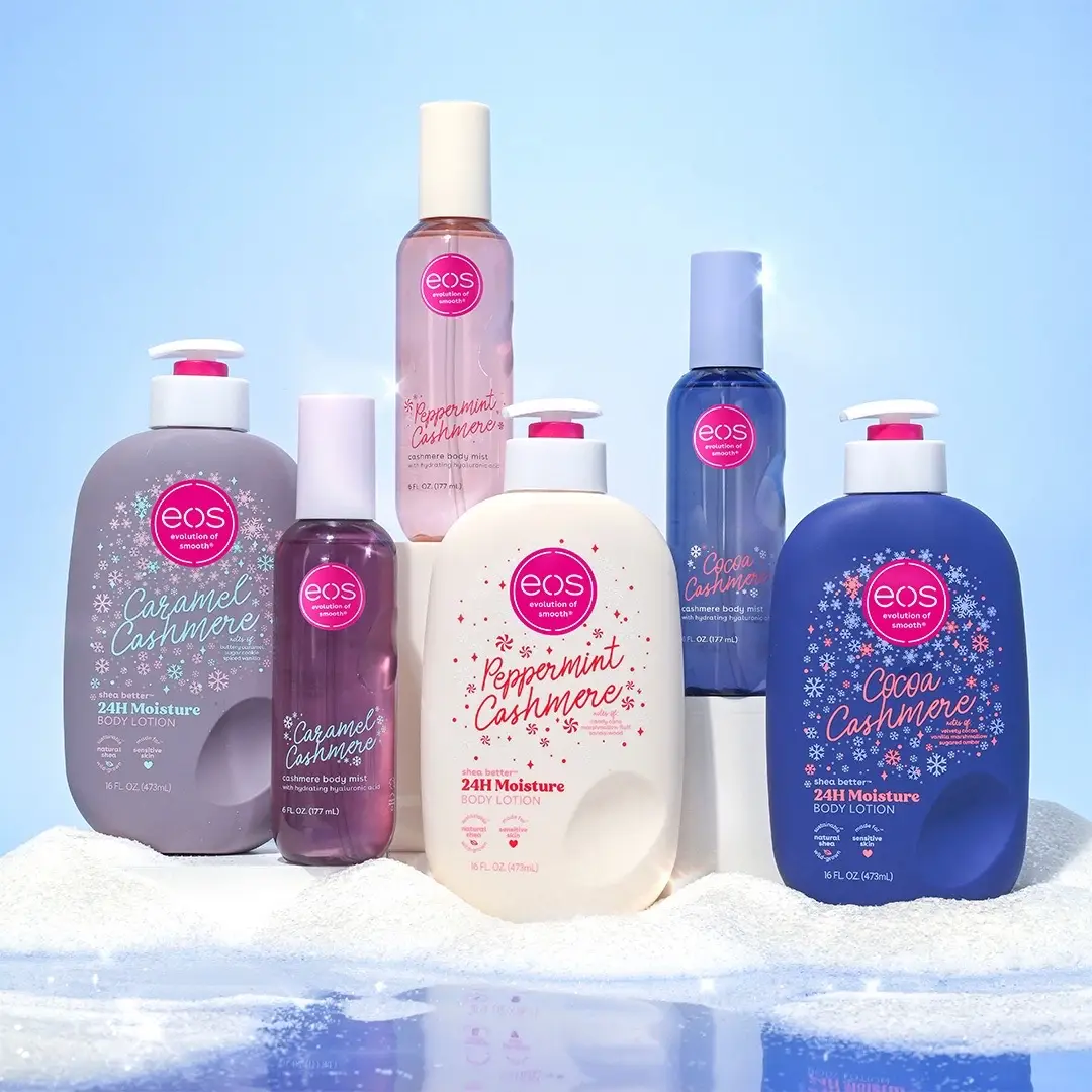 Meet the eos Holiday Cashmere Capsule— featuring our returning favorite Peppermint Cashmere and two brand new indulgent scents: Caramel Cashmere and Cocoa Cashmere. 🍬 Peppermint Cashmere — a cool, sweet twist that feels like fresh winter air. 🍫 Cocoa Cashmere — rich, velvety, and made for your cozy-core era. 🍯 Caramel Cashmere — warm, creamy, and completely irresistible. Available NOW at evolutionofsmooth.com 🎁 #eosholidaycollection #eosproducts