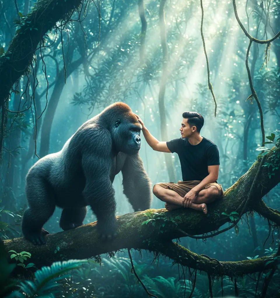Tutorial edit di GEMINI AI 🫵 1. buka aplikasi Gemini 📲 2. Masukan foto kamu 📸 3. Copy+paste prompt di bawah 👇 ​ PROMPT : ‎Gunakan (foto terlampir) menjadi terinsirasi dari film tarzan. Seekor gorila berjalan di pohon tampak samping, menghampiri seorang pria duduk di atas pohon (foto terlampir) memakai kaos hitam dan celana pendek cargo coklat. Pose sedang memegang kepala gorila dengan satu tangan nya. Keduanya diabadikan dalam pose dinamis di tengah hutan lebat yang berkabut. Bulu gorila harus detail dan bertekstur, menunjukkan kekuatannya. Latar belakang hutan tropis yang rapat, pakis besar, dengan sorotan cahaya yang menembus celah pepohonan untuk menciptakan suasana dramatis. Fokuslah untuk menangkap intensitas momen dan kekuatan alami kedua sosok tersebut. Lensa: Leica Summilux 50mm f/1.4, lensa potret sinematik full-frame, subjek tajam fokus, latar belakang lembut blur (bokeh halus mendalam). Efek pencahayaan: cahaya pagi dingin. berkabut,parallax halus, vignette lembut, film grain realistis, dreamy cinematic color grading biru-kehijauan dengan highlight hangat. Mood: tenang, reflektif, dan spiritual. 9:16. #fyp #gemini #geminiAi #promptgemini #geminitrend 