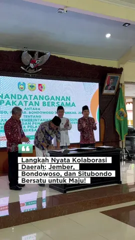 Tiga daerah, satu semangat! Hari ini, Jember, Bondowoso, dan Situbondo resmi menandatangani kesepakatan bersama untuk kolaborasi pengembangan potensi daerah. Bertempat di Pendopo Bondowoso, kesepakatan ini menjadi langkah nyata menuju sinergi antarwilayah Tapal Kuda dalam membangun ekonomi, pariwisata, dan kesejahteraan masyarakat. Bersatu, berkolaborasi, dan tumbuh bersama untuk Jawa Timur yang lebih maju! #JemberMaju #BondowosoHebat #SitubondoSejahtera #TapalKudaBersinergi #KolaborasiDaerah   