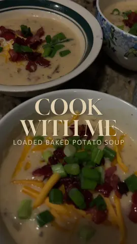 Loaded Baked Potato Soup Servings: 6 | Total Time: 45 min Ingredients: 	•	6 slices bacon, chopped 	•	4 tbsp butter 	•	1 small onion, diced 	•	2 cloves garlic, minced 	•	1/4 cup flour 	•	3 cups chicken broth 	•	2 cups milk 	•	1 cup heavy cream (optional) 	•	4 large russet potatoes, baked & diced 	•	1 cup shredded cheddar cheese 	•	1/2 cup sour cream 	•	Salt & pepper to taste Toppings: cheese, bacon, green onions, sour cream Instructions: 	1.	Cook bacon until crispy; remove and set aside. Keep 2 tbsp grease. 	2.	Add butter, then sauté onion 3–4 min. Add garlic for 30 sec. 	3.	Stir in flour, cook 1 min. Slowly whisk in broth, milk, and cream until smooth. 	4.	Add potatoes; simmer 10 min, lightly mash some for thickness. 	5.	Stir in cheese and sour cream. Season with salt and pepper. 	6.	Add half the bacon, then serve topped with cheese, bacon, and green onions. #loadedbakedpotatosoup #potatosoup #fyp #recipes #DinnerIdeas 