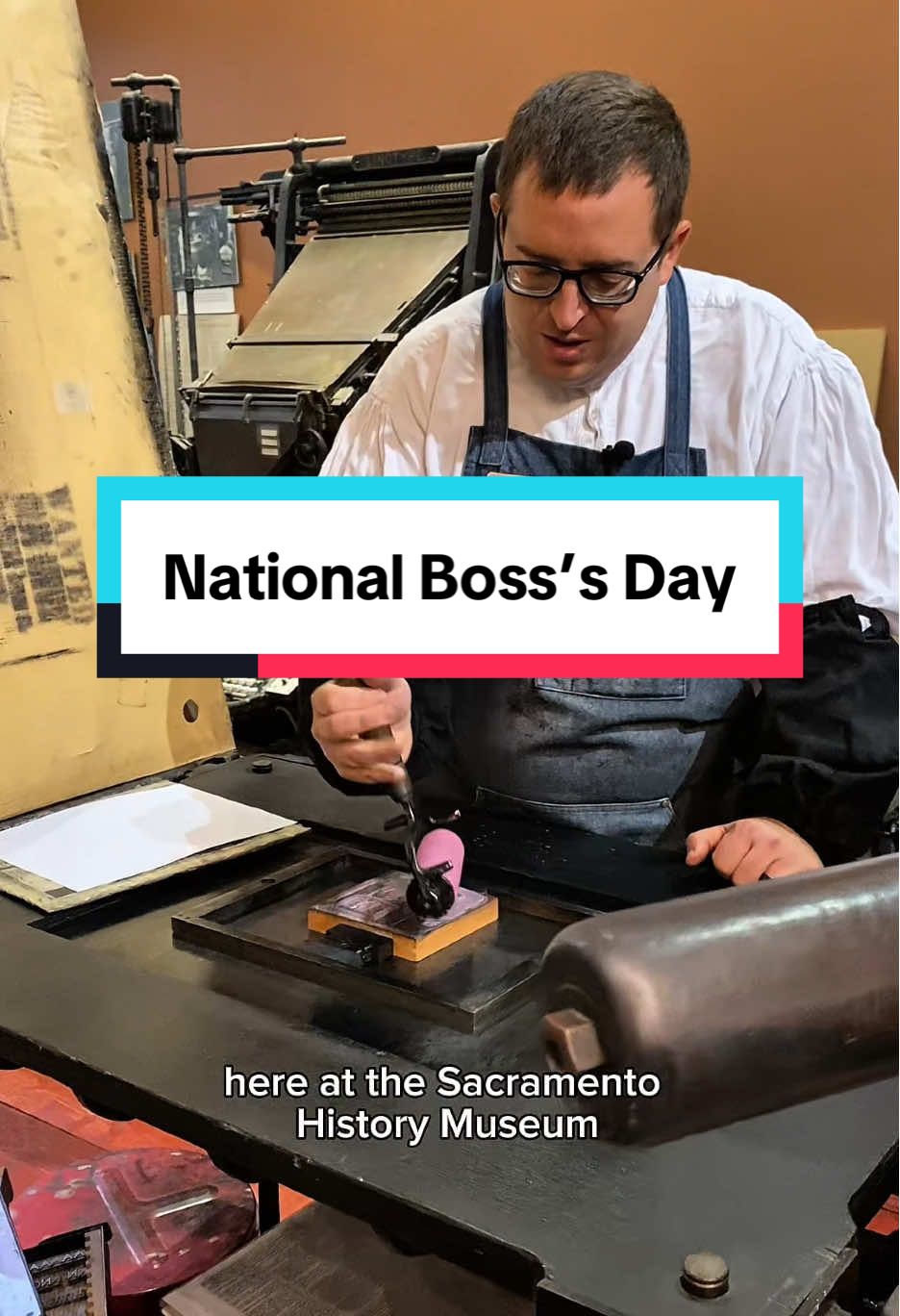 October 16th is National Boss’s Day! This day recognizes hardworking bosses who oversee the workplace.  For today, Jared discusses the support that the bosses give at the Sacramento History Museum. He also letterpress printed a photo engraving from the Brett from Pennsylvania Collection, an assortment of 109 cuts that was donated to our museum a couple years ago.  The print is of a cartoon of a boss sitting behind a desk while an employee is standing. The boss has a hand on a switch to illuminate a large sign behind him that says “NO” with the text, “Company's Way of Expediting Grievances,” at the top. This was printed with pink oil base ink using our Washington hand press, which was made in 1852. #SacHistoryMuseum #bossday #boss #museum #sacramento        